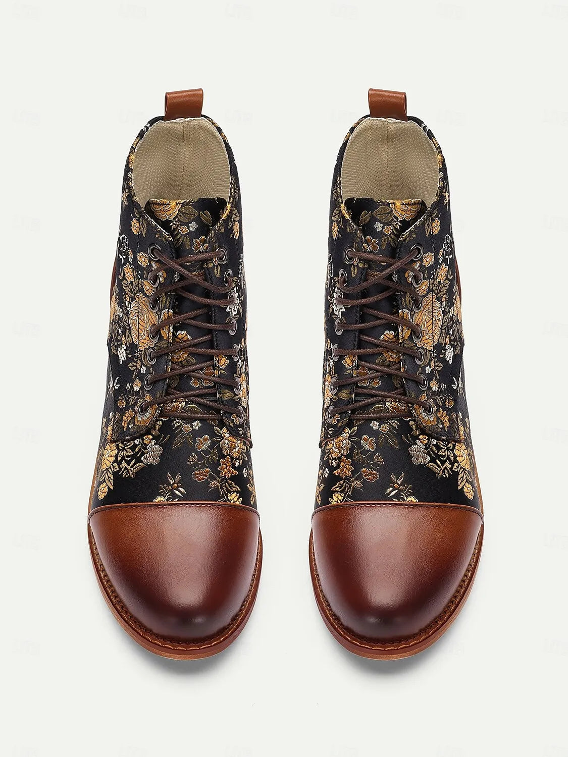 Women's Floral Print Lace-Up Ankle Boots – Retro Faux Leather and Jacquard Fabric Boots for Fall and Winter Casual Wear