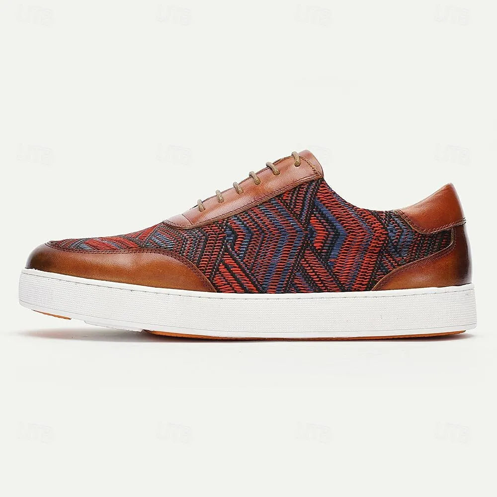 Men's Brown Leather Woven Sneakers - Breathable Red and Blue Pattern Lace-Up Casual Shoes