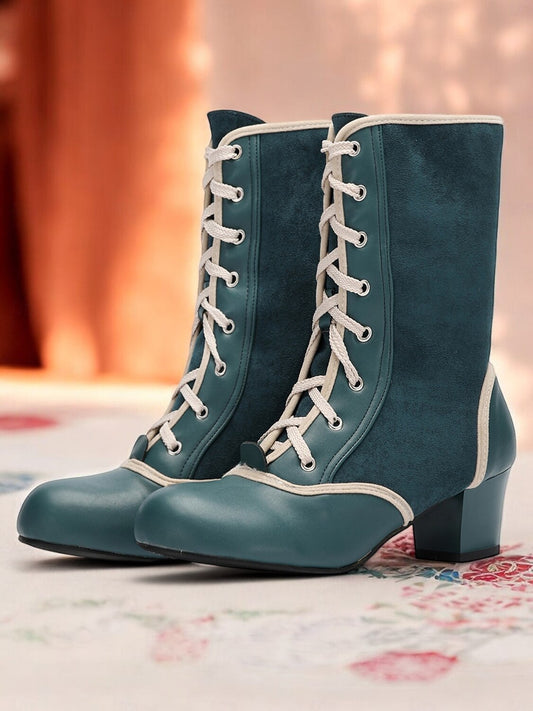 Women's Vintage Lace-Up Mid Heel Boots in Teal with Faux Suede and Faux Leather Panels – Ideal for Retro-Inspired Fashion, Cosplay, or Victorian-Style Costumes