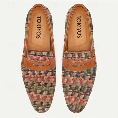 Men's Plaid Slip-On Loafers - Casual Shoes with Patterned Knit Design and Leather Accents - Tokiyos