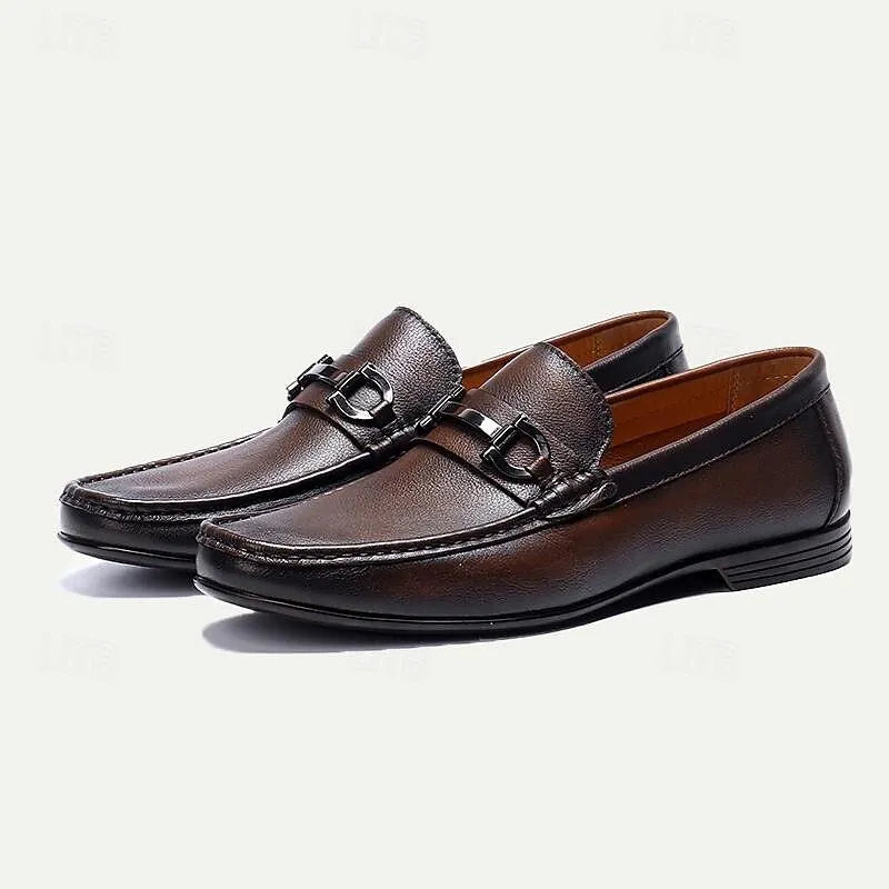 Men's Classic Leather Loafers with Metal Buckle - Tokiyos