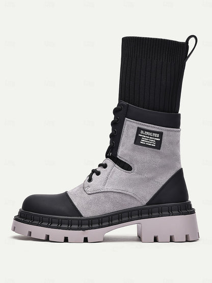 Women's Gray and Black Chunky Combat Boots with Knit Top and Side Zipper - Rugged Lace-Up Design for Outdoor and Streetwear