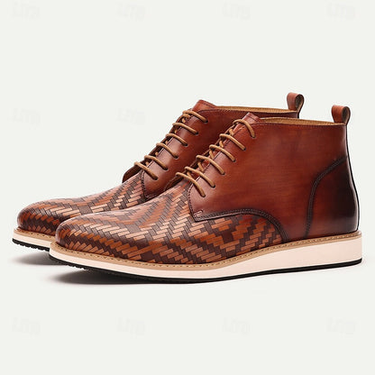 Men's Premium Cowhide Leather Lace-Up Ankle Boots with Woven Pattern