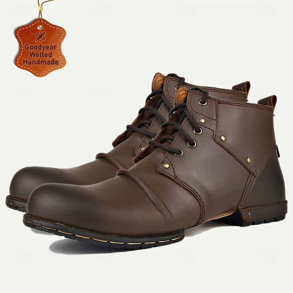 Men's Brown Leather Motorcycle Ankle Boots with Lace-Up Design and Reinforced Toe - Durable Biker Boots for Riding and Outdoor Activities