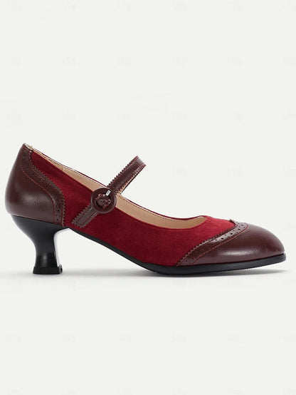 Women's Vintage Red and Brown Mary Jane Pumps with Suede and Leather Combination, Brogue Detailing, and Low Block Heel