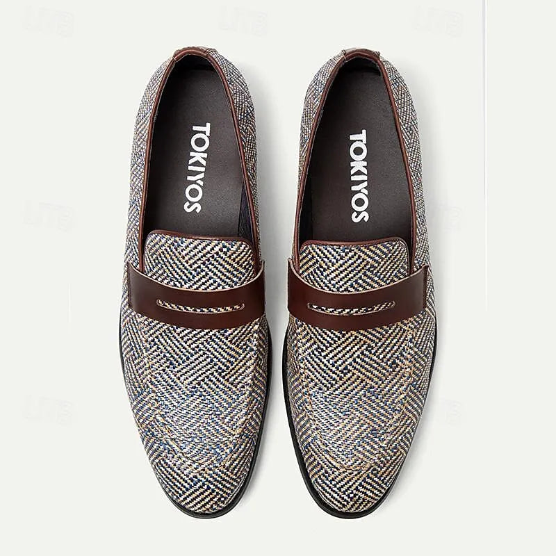 Men's Herringbone Woven Loafers - Breathable Brown and Blue Slip-On Casual Shoes