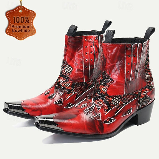 Men's Red Snakeskin Leather Motorcycle Boots-Western Style Studded Pointed Toe