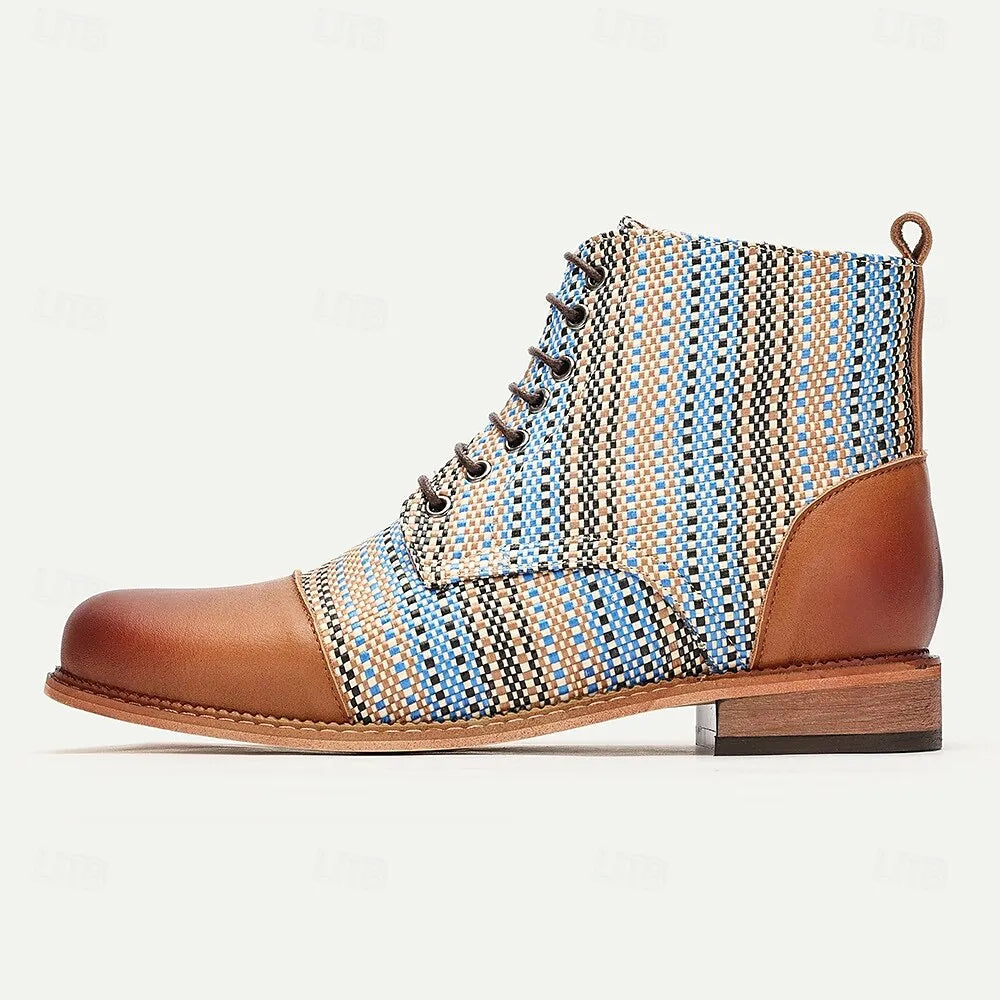 Men's Premium Woven Fabric and Leather Lace-Up Boots with Blue Multicolor Pattern and Leather Toe Cap