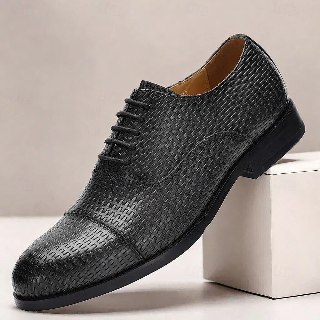 Men's Woven Pattern Brown Leather Oxford Shoes-Premium Cowhide Lace-Up Formal Shoes for Business and Special Occasions