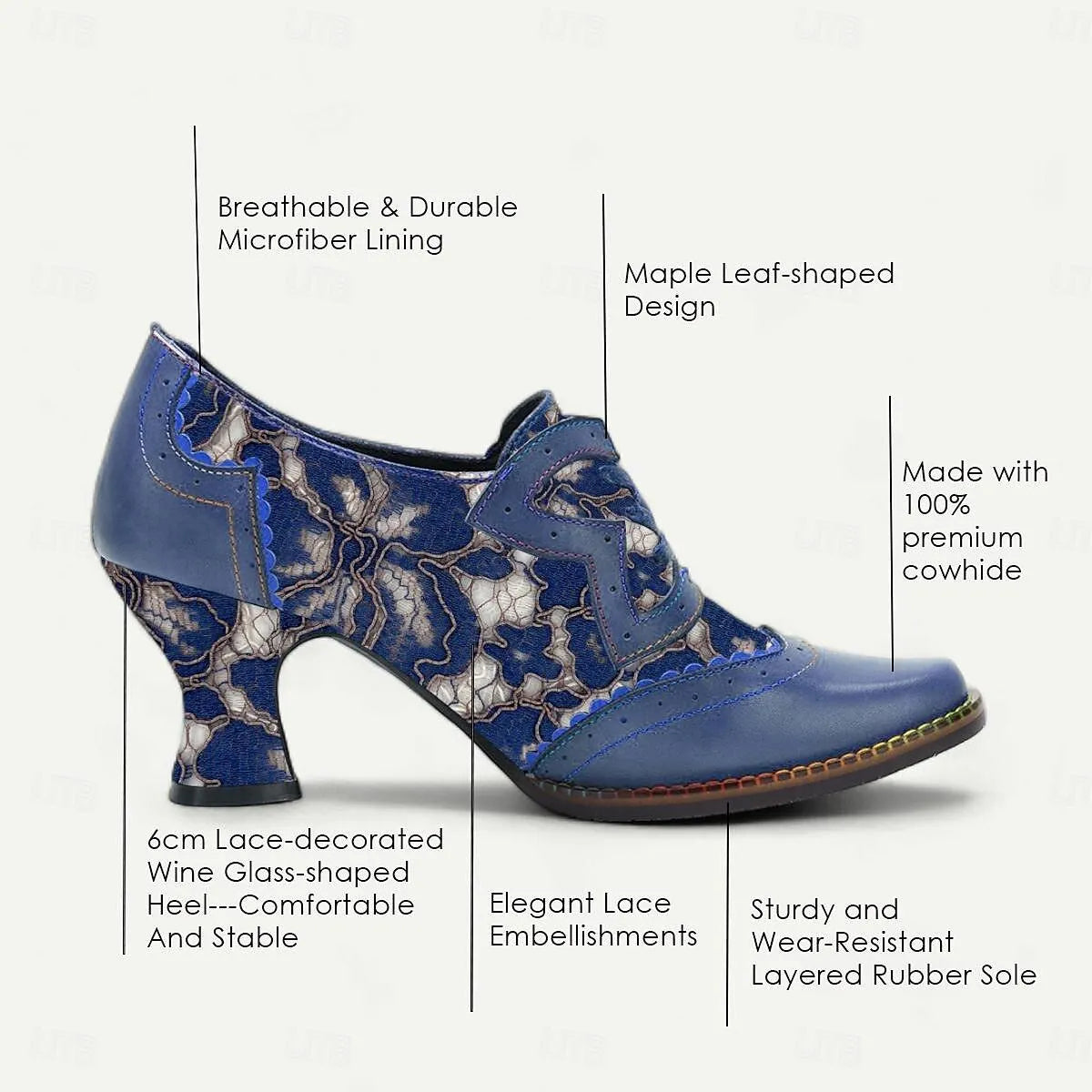 Women's Oxford Heels Elegant Blue Lace Pattern - Tokiyos