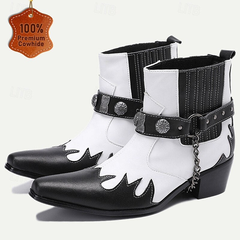 Men's Premium Cowhide Black and White Motorcycle Boots with Studded Strap, Chain Detail, and Western Style - Perfect for Riding and Casual Wear