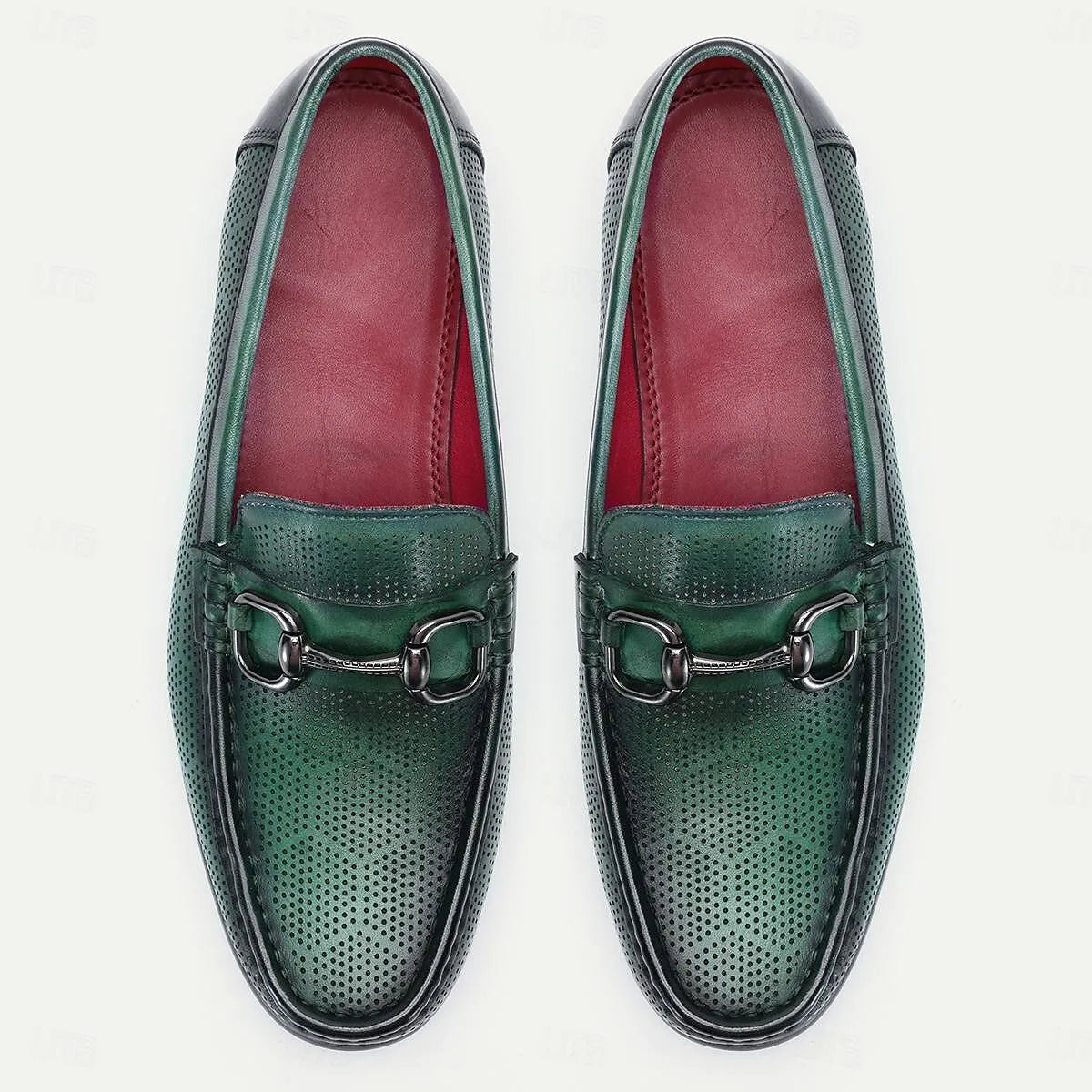 Men's Loafers Perforated Green Leather Silver Horsebit - Tokiyos