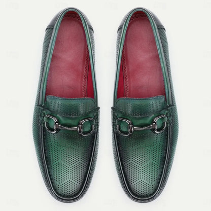 Men's Loafers Perforated Green Leather Silver Horsebit - Tokiyos