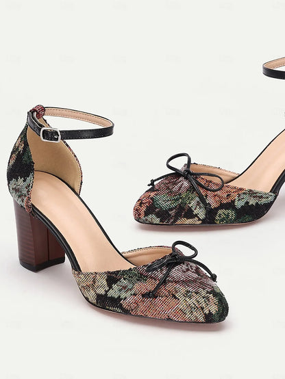 Women's Floral Jacquard Ankle Strap Heels with Block Heel and Bow Detail