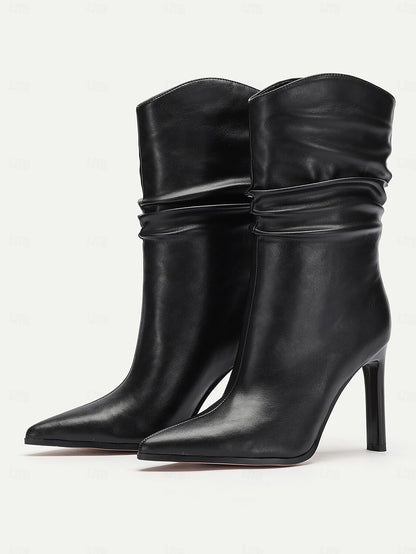 Women's Black Leather Mid Calf Boots with Stiletto Heels, Slouchy Design - Elegant and Stylish for Fall and Winter