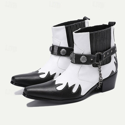 Men's Premium Cowhide Black and White Motorcycle Boots with Studded Strap, Chain Detail, and Western Style - Perfect for Riding and Casual Wear