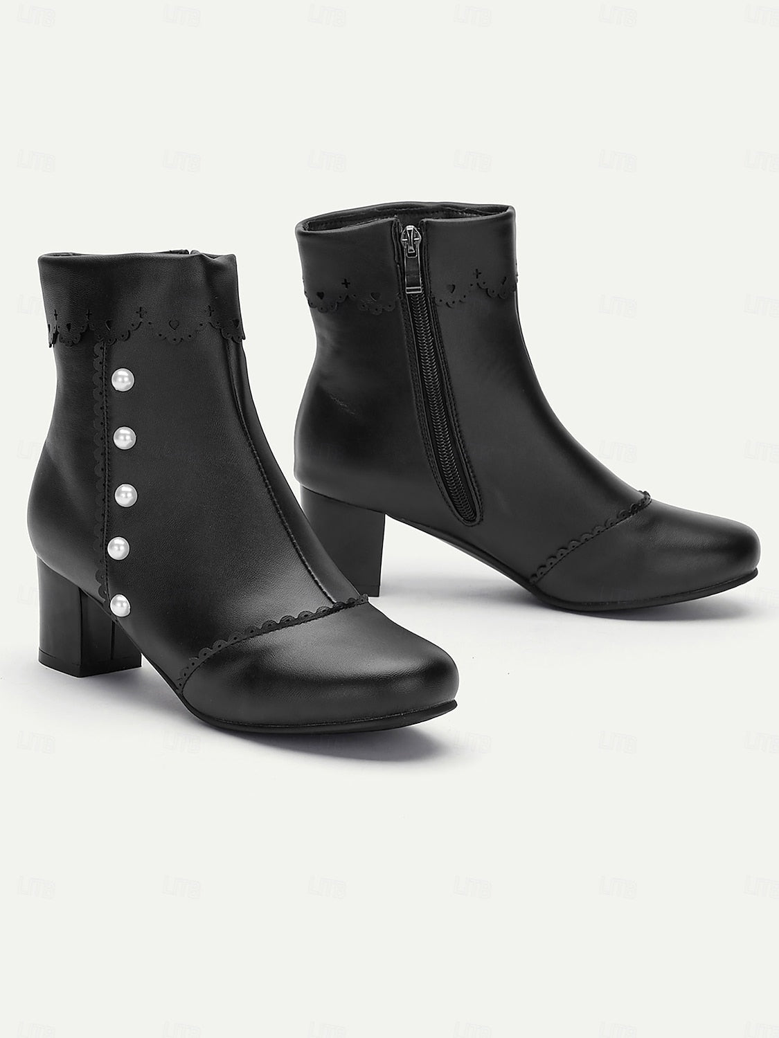 Women's Vintage Black Ankle Boots with Pearl Button Details