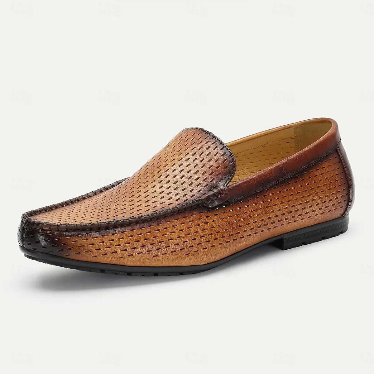 Men's Brown Perforated Leather Slip-On Loafers - Tokiyos