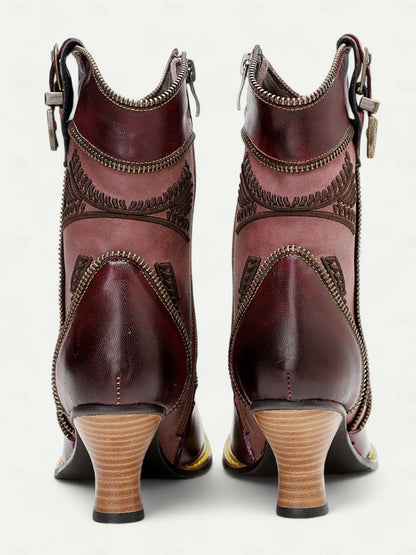 Women's Vintage Brown and Burgundy Leather Ankle Boots with Zipper, Buckle Strap