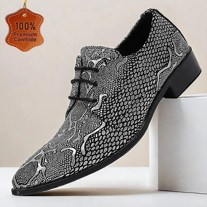 Men's Black Embellished Leather Oxford Shoes - Tokiyos